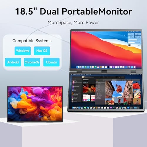 Image of 18.5 inch Portable Dual Monitor, CNC Metal Frame, 100Hz FHD 1080P Laptop Screen Extender, HDMI /USB-C Plug-and-Play, Built-in Speakers, for Laptop PC Windows & MacOS & VESA