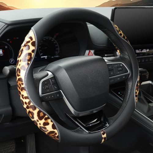 KAFEEK Leopard Steering Wheel Cover for Women, 15 Inch Leather, Creamy Tan