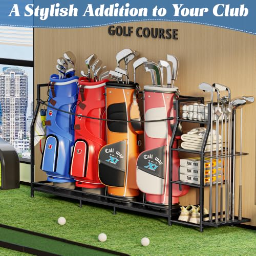 Golf-Bag-Storage-Organizer-for-4-Bags-with-Club-Holder-Storage-Shelves-Fits-4-Golf-Bags--Club-Holder-for-10-Clubs--Storage-Basket-3-Shelves--Golf-Garage-Organizer--Great-Golf-Gift