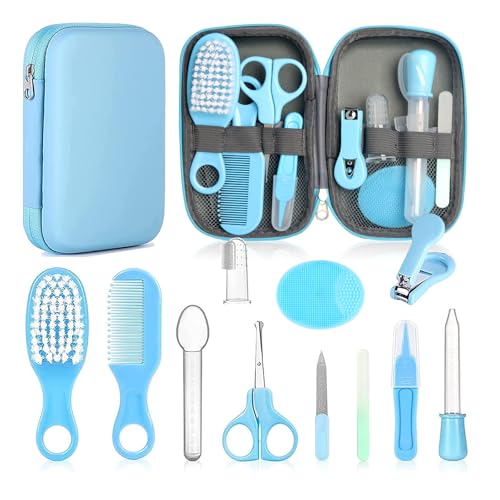 Baby Grooming Kit - 12 in 1 Nursery Essentials Baby Registry Shower Gift for Newborns, Infants, Toddlers, Boys, Girls Kids-Safety Baby Comb, Brush, Finger Toothbrush, Nail Clippers, Scissors(Blue)
