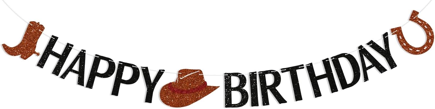 Amazon.com: Cowboy Happy Birthday Banner, Black Glitter Western Theme ...