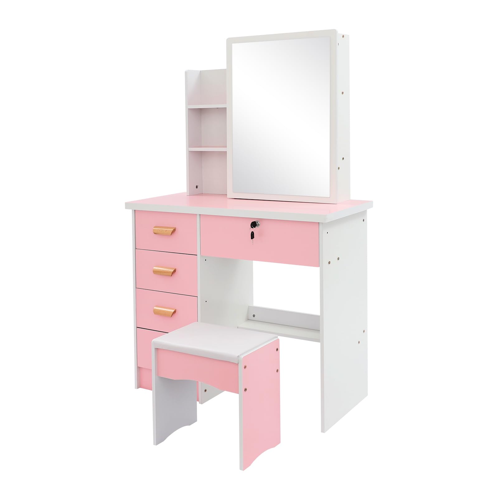 Tavolo da toeletta rosa 128 cm 5 cassetti Sgabello a specchio portaoggetti