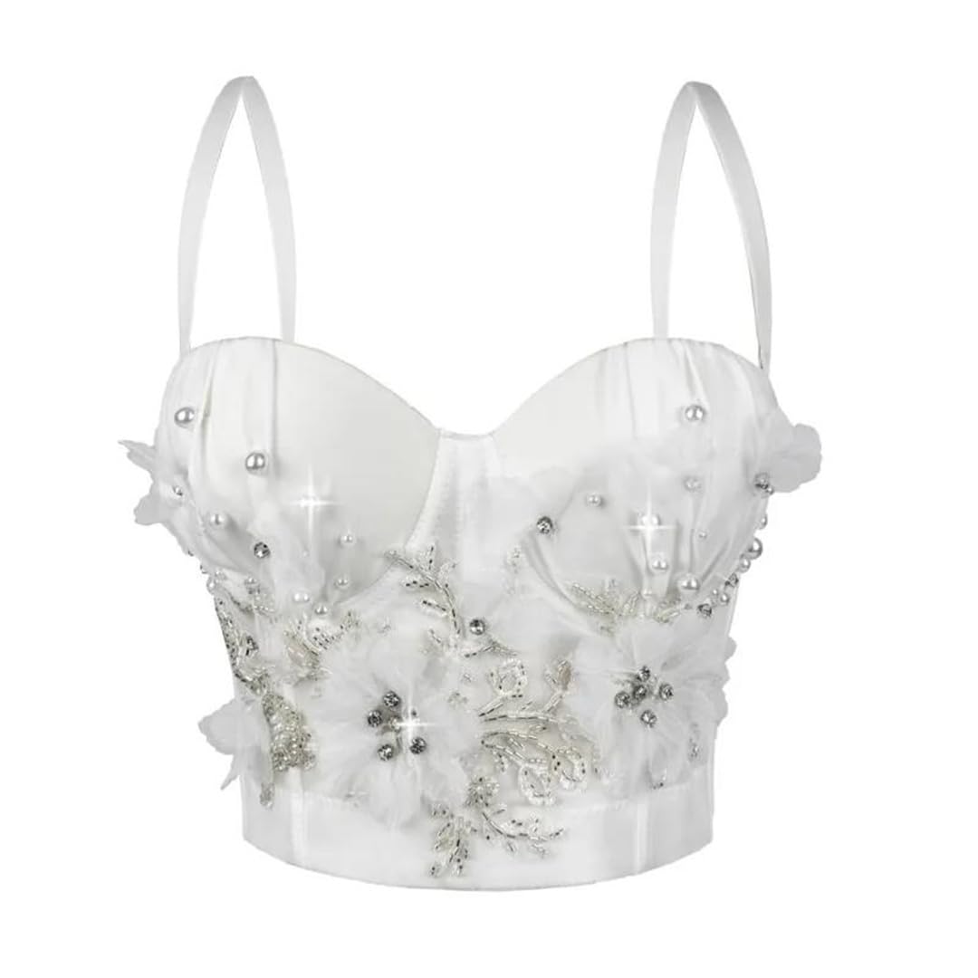 Yeuyyben Corsetto da donna fatto a mano con perline floreali crop top senza maniche canotta elegante estate canotta