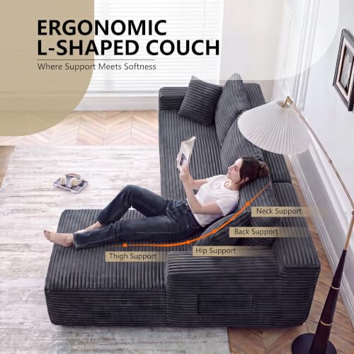 Image of 94.5 inch L Shaped Boneless Sectional Corduroy Couches for Living Room (Gray)