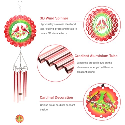 Image of Wind Chimes with Cardinal Wind Spinner, Gifts for Grandma Mom Women Birthday Retirement Teacher, 31 inch Windchimes Outdoor Decor Hanging Mobile for Garden Porch Patio Backyard