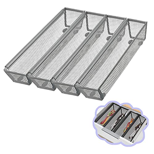 Fodofodo 4 organizadores de cajones, organizador de cajones para cocina, organizador de cajones de malla para utensilios con brazo entrelazado para cosméticos, cubiertos, bolígrafos (12 x 3 x 2
