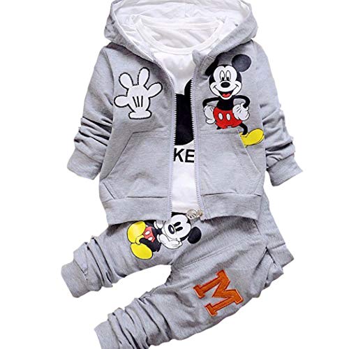 3 Pcs New Kids Girls Boys Clothing Sets Autumn Hooded Coat+T-Shirt+Pants Baby Cotton Tracksuits (Grey, 12-18 Months) #TOP4