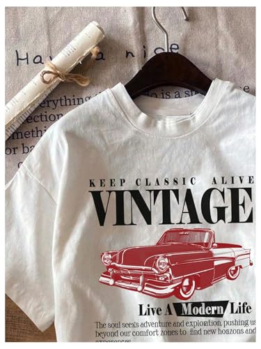 Image of RoseSeek Women's Graphic Letter Tee Crew Neck Drop Shoulder Trendy Summer T Shirt Short Sleeve Vintage Car Print Top
