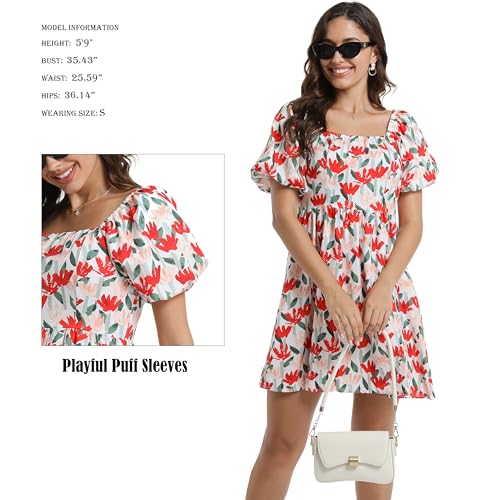 Women's Floral Mini Dress Square Neck Boho Puff Sleeve A Line Dress3