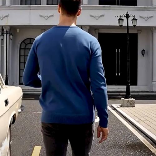 Men's Autumn and Winter Sweater Cotton Round Neck Knitted Long Sleeve Pullover Basic Solid Color Slim Fit Top,Navy Blue,XXL4