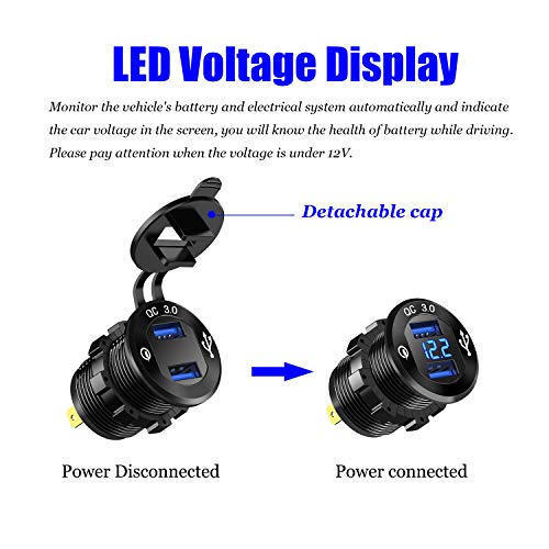 Yonhan 12V Usb Outlet Quick Charge 3.0 Dual Usb Charger Socket, Usb Cigarette Lighter Socket With Led Voltmeter, Waterproof Aluminum Car Charger Adapter Diy Kit For Car Marine Truck Golf Cart Rv, Etc. #TOP2