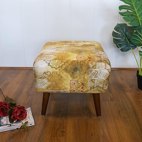 Image of The Artage Puffy Stool For Living Room Vanity Dressing Table Sitting Printed Premium Foam Cushioned Pouffe Ottoman for Foot Rest In Yellow Brown Home Decor Furniture Wooden (Floral) (Traditional Hues)