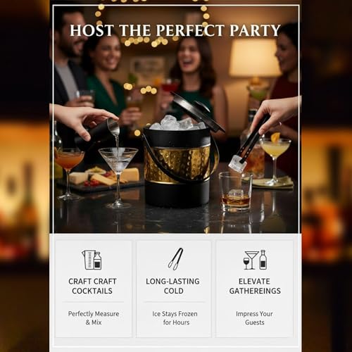 Image of FINALITY Stainless Steel Double Walled Insulated Ice Bucket with Lid with Tong and V Peg Measure, 1.5 Liter| (Black with Gold Hammered IB+Tong+Peg Measure)