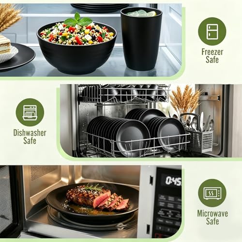 Image of Kitchen Wheat Straw Dinnerware Set 40 PCS Dishes Sets for 8 Plastic Plates Reusable Dinner Plates Cereal Bowls Small Cups Dishwasher & Microwave Safe Unbreakable Dish Set for Picnic RV-Black