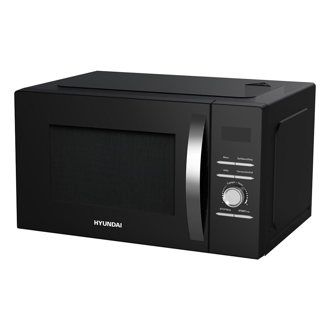 Hyundai Micro-ondes, 28 l, convection, noir, HMWAF28900GN, 900 W, 8 programmes, fonction décongélation, revêtement intérieur, nettoyage facile, minuterie 60 minutes.