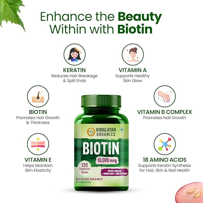 Biotin 10000 MCG Supplement for Men and Women with Keratin+Amino Acids+Multivitamin for Healthy Hair, Skin & Nails -120 Vegetarian Tablets - Image 5