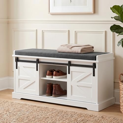 Loomie Shoe Storage Bench, 2-Tier Farmhouse Entryway Bench with Sliding Barn Door Storage Cabinets & Full Soft Removable Seat Cushion, Silm Shoe Rack with Shoe Cabinet for Entryway, Hallway, Bedroom