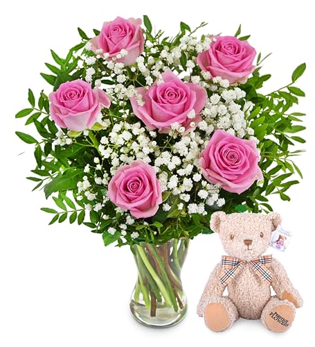 Preciosas flores Rosas con Oso - Ramo de Flores – Regalo de Flores Frescas para Cumpleaños o Día de la Madre – Arreglo de Lujo con Entrega al Día Siguiente – Sorpresa Elegante para Ella