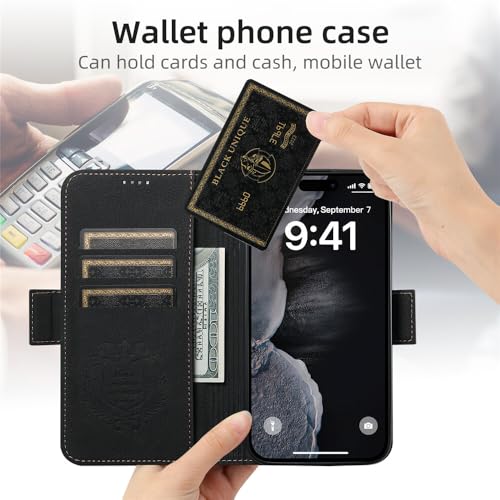 Étui portefeuille en cuir noir pour iPhone 14 avec rabat magnétique