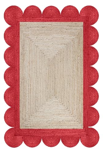 CASAVANI Kilim – Tapis de couloir festonné 61 x 183 cm – Tapis en jute tressé beige et rouge pour intérieur et extérieur, tapis à tissage plat, pour chambre à...
