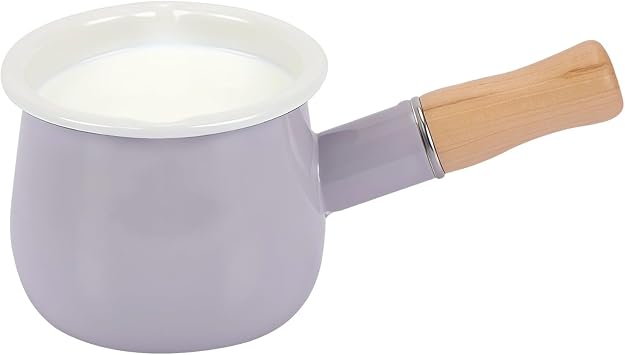 17 oz Mini Enamel Milk Pot, Small Saucepan with Dual Pour Spouts, Food Warmer with Wooden Handle for Milk, Soup, Butter, Sauce, Boiled Egg, Compatible with Gas & Electric Stoves