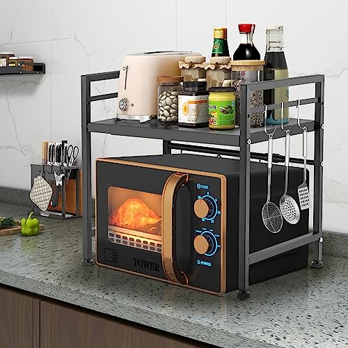 Miniatura 2 de YunNasi Soporte Extensible para Horno de Microondas Estante para Microondas de Acero al Carbono con 10 Ganchos Organizador Estanteria para Encimera de Cocina (Negro 1)