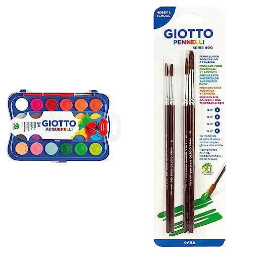 Immagine prodotto: GiottoGiotto Acquerelli Tempere Ad Acquerello + 1 Pennello, 30 Mm, 24 Unità, Confezione Da 1, Multicolore (Confezione da 1) & Pennelli Serie 400 N.3,4,5,8 4 PzGiotto