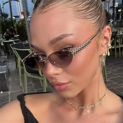 willochra Trendy Rimless Cat Eye Metal Sunglasses Vintage Small Oval Outdoor Eyewear UV400 Protection for Women Men2