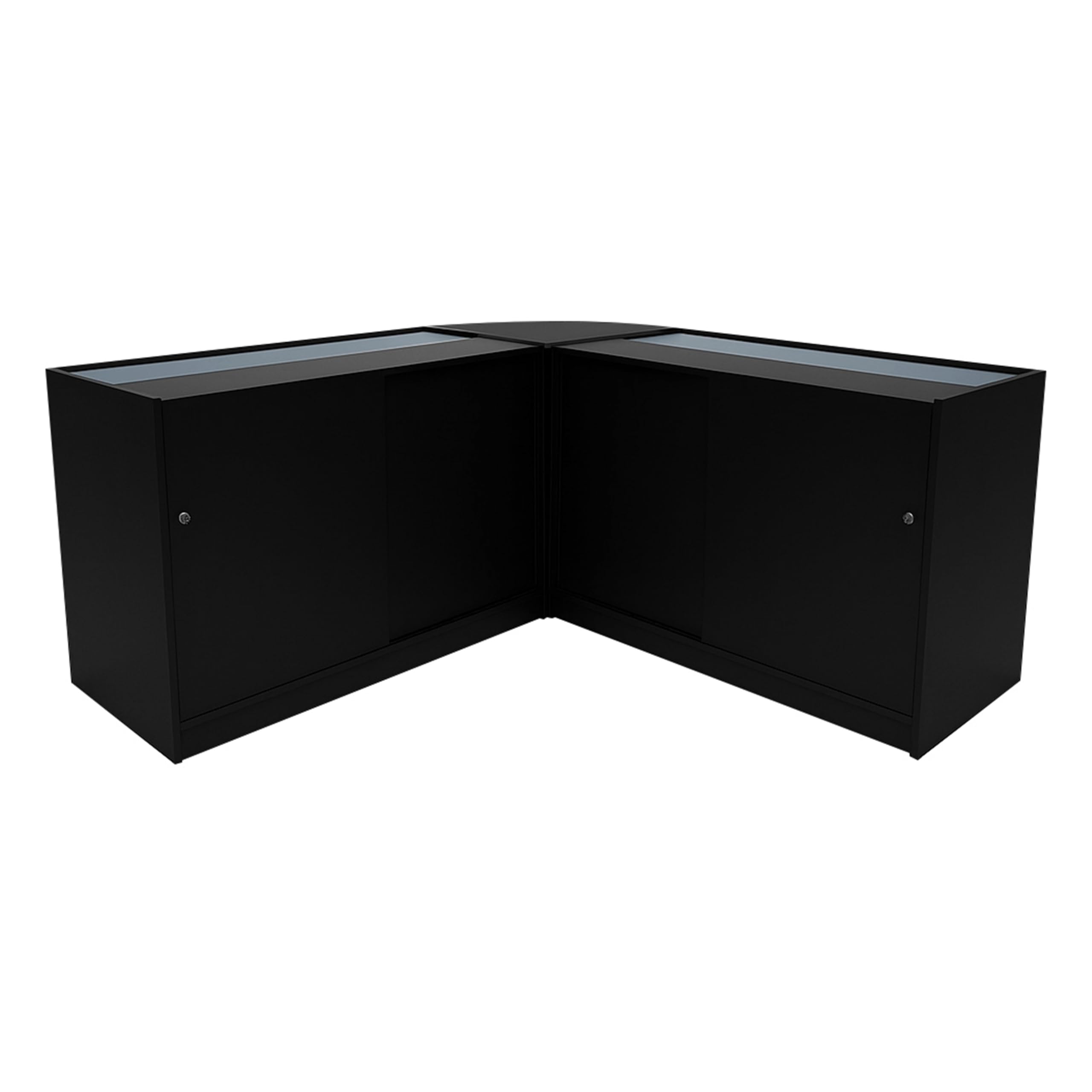 Comptoirs de Vente en MDF Noir à LED Blancs Ensemble Harmonia LM60 B1200 C1200 3 Unités de Rangement Étagères Internes Portes Coulissantes Verouillables Réception Bureau Vêtements Bijoux [Clés INCLUS]