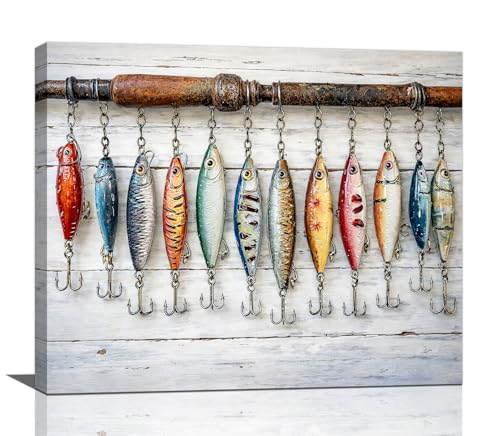 Taimeng Nautical Fishing Wall Art Rustic Fish Lure Canvas Decor 24"x20"