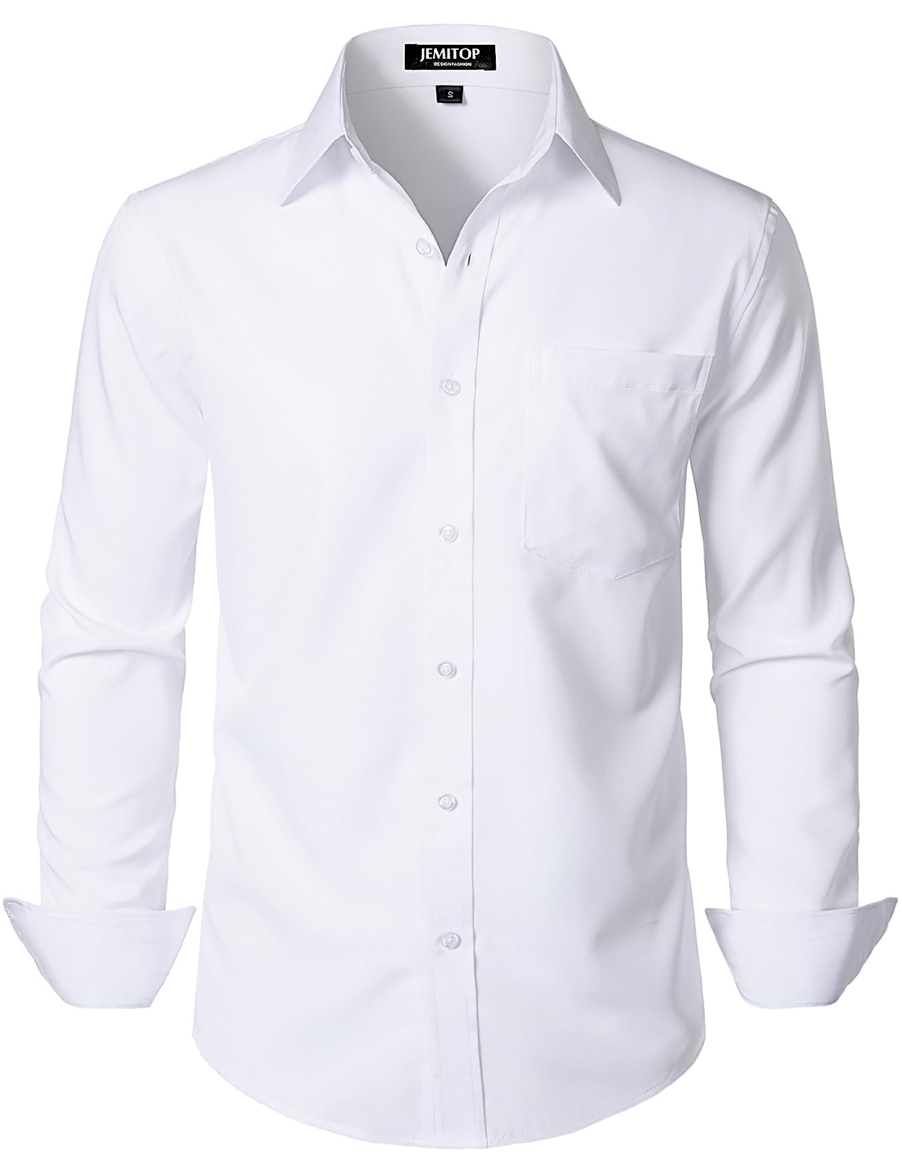 Photo 1 of JEMITOP Men's Stretch Regular Fit Long Sleeve Dress Shirts Formal Wedding Prom Business Casual Button Down Up Shirts with Pocket White M