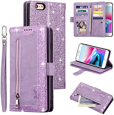 UEEBAI Wallet Case for iPhone SE 2022 5G/iPhone 7/iPhone 8/iPhone SE 2020, 9 Card Holder Slots Zipper Pocket Handbag Case PU Leather Magnetic Kickstand Wrist Strap Flip Case for SE3/SE2-Rose Gold