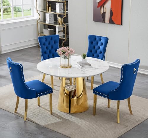 Image of 5-Piece Round Dining Table Set for 4, Modern Faux Marble Kitchen Table and Blue Velvet Chairs Set of 4, Luxury 45 inch Circle White Gold Dining Room Tables with Stainless Steel Base