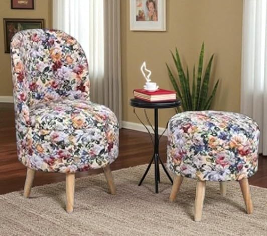 Image of Ottoman for Living Room, Velvet Round Foot Rest Stool, Wooden Legs Chair for Sitting, Ottoman for Bedroom & Makeup Room Decor | Chair (18 inchx18 inchx32 inch), Puffy (16 inchx16 inchx17 inch) | African Flwr