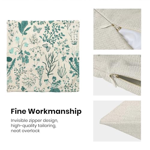 Image of AEIOAE Summer Pillow Covers 22x22 Inch Set of 2,Teal Green Wild Flower Plant Throw Pillows Case,Seasonal Floral Outdoor Decorative Square Linen Farmhouse Decor Cushion Covers for Home Sofa Bed Couch