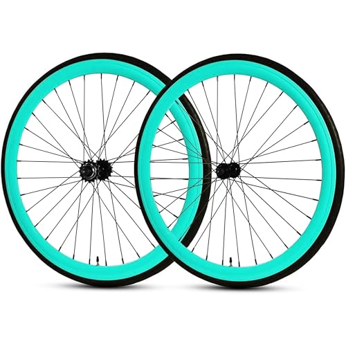 Golden Cycles Fixie Wheelset. A Variety of Fixie Wheel Set Colors. Fixed Gear Rims Come with a Flip-Flop Rear Wheel. The Rims are 45mm Wheels with 700x25c Tires (Celest)