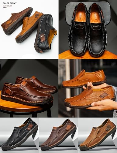 Men's Leather Driving Shoes,Vintage Lightweight Slip-On Flat Oxford Loafers Moccasin Dress Walking Casual Boat Shoes3
