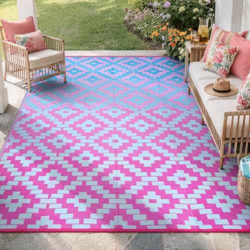 Wonnitar 8x10 Outdoor Rug, Large Waterproof Reversible Plastic Straw Rug for Patios, Indoor/Outdoor Area Rug Lightweight Camping Rug for Outside RV Balcony Garden Deck, Blue/Purple