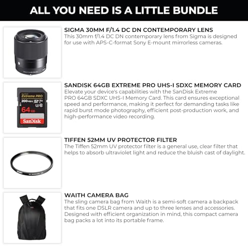Sigma 30mm f/1.4 DC DN Contemporary Lens for Sony E | Mount Lens/APS-C Format, Rounded 9-Blade Diaphragm, Tiffen 52mm UV Protector Filter, 64GB Extreme Pro UHS-I Memory Card, and Camera Bag