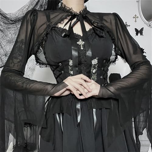 Image of Women Gothic Crop Top Shirt Y2K Black Bell Sleeve Shawl Cardigan