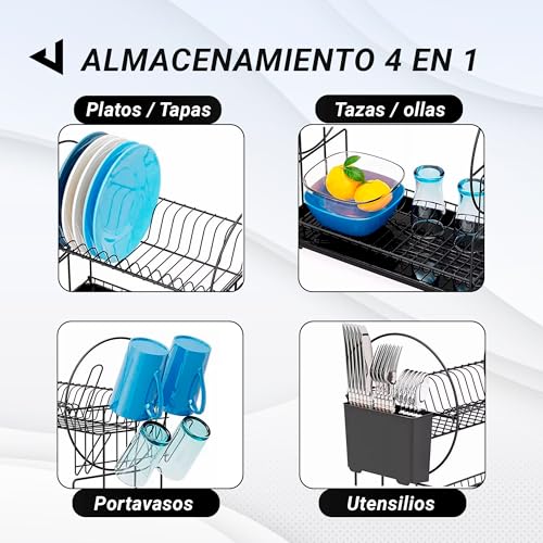 Image of JUPPLIES Stainless Steel Dish Drainer for Sink with Removable Utensil Holder, Cup Holder and Drying Rack - Dish Drainer with Automatic Drain Function - Dish Drainer