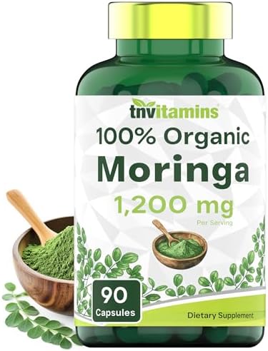 tnvitamins Organic Moringa Powder Capsules: 1,200 mg per Serving, 90 Count | Superfood Supplement for Energy & Vitality* | Organic Moringa Leaf – Non-GMO, Gluten-Free, Made in The USA