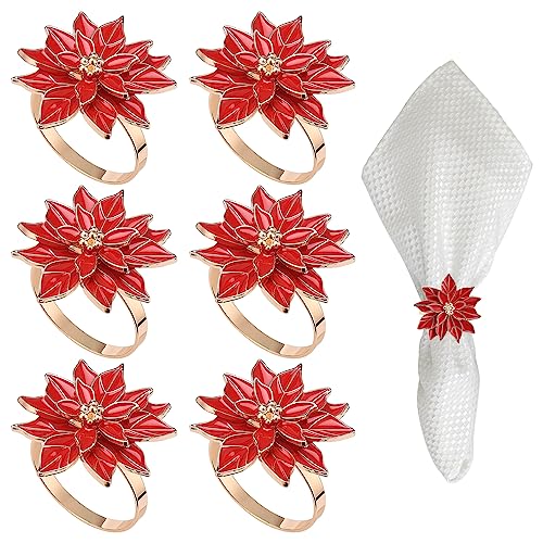 FQQWEE 6pcs Christmas Poinsettia Napkin Ring Red Christmas Napkin Ring Metal Napkin Holders Metal Serviette Buckle Xmas Napkin Holder Zinc Alloy Napkin Rings for Christmas Party Table Decoration(#1)