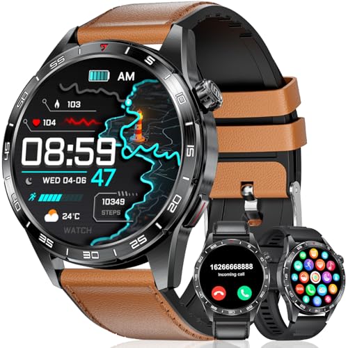 Montre Connectée Homme avec Appels Bluetooth, 1.43'' HD Amoled Écran Smartwatch Homme avec Fréquence Cardiaque/Sommei/SpO2, IP68 Étanche Montre Fitness avec 120 Modes Sportifs pour Android iOS, Marron