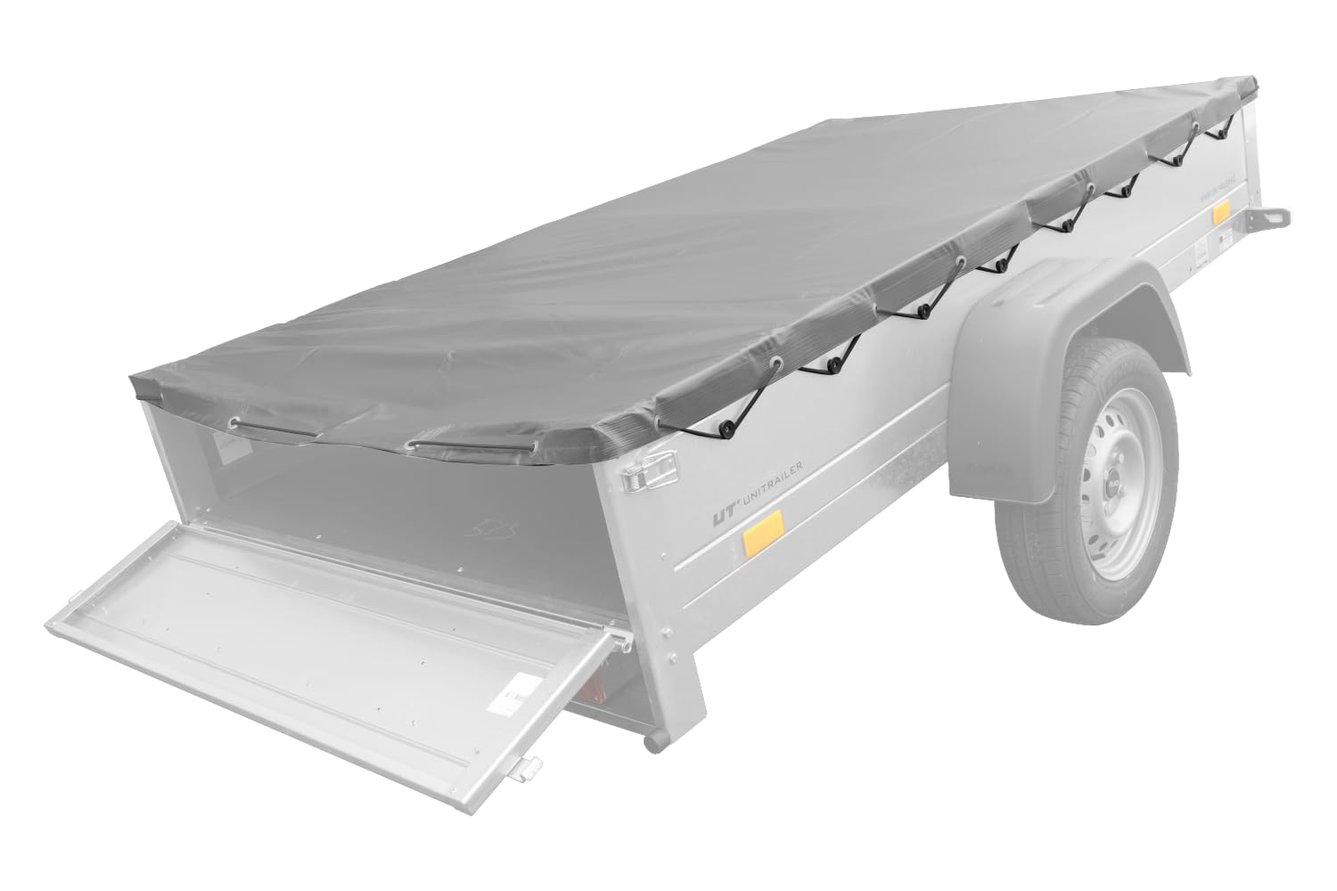 UNITRAILER Flachplane 235,5 x 130,9 cm für Garden Trailer 230 Kipp Anhänger, graue Abdeckplane 500 g/m² wasserdicht mit Expanderseil für Ladefläche 230 x 125 cm