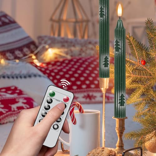 Image of Christmas Flameless Candlesticks, Green Flameless Taper Candles with Remote Timer, 6 Pack LED Tall Candlesticks Battery Operated Real Wax for Christmas Indoor Decorations(0.78 inch x 9.76 inch)