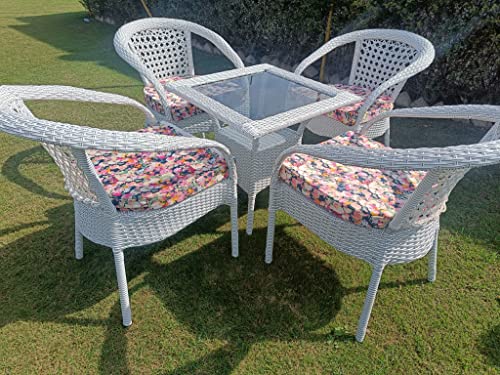 Image of Artic Fashion D-8 Chairs Table Set 4+1 Wicker Patio Furniture Sets 4 Chair and 1 Table with Cushions for Garden Balcony Bedroom Powder Coated Frame Uv Protected Wicker (Off White+Multi)