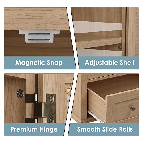 Fotosok Kitchen Pantry Storage Cabinet, Tall Storage Cabinet With Rattan Doors And 2 Drawers, Freestanding Kitchen Cupboard With Adjustable Shelves, Utility Pantry For Kitchen, Dining Room #TOP6