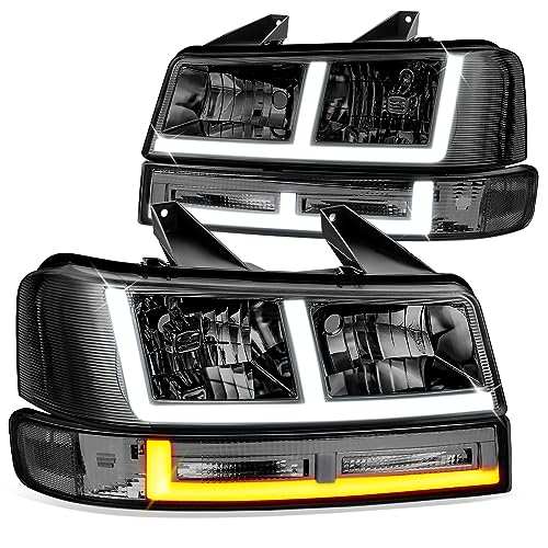 Image of DNA MOTORING F-Style LED DRL Headlight+Parking/Turn Lamps Set Compatible with 03-14 Express/Savana 1500, 03-23 Express/Savana 2500 3500,Smoked/Clear,HL-LB3-CEGS03-4P-SM-CL1