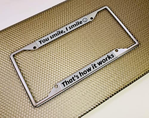 Personalized 4 Hole Chrome Metal Laser Engraved Standard Size (6”X12”) With Custom Text Design - Car License Plate Frame With Free Caps - Silver/Black Text (Qty: 1 Frame) #TOP2